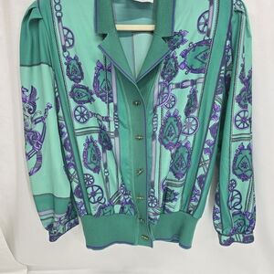 Vibrant Teal and Purple Button-Up Blouse